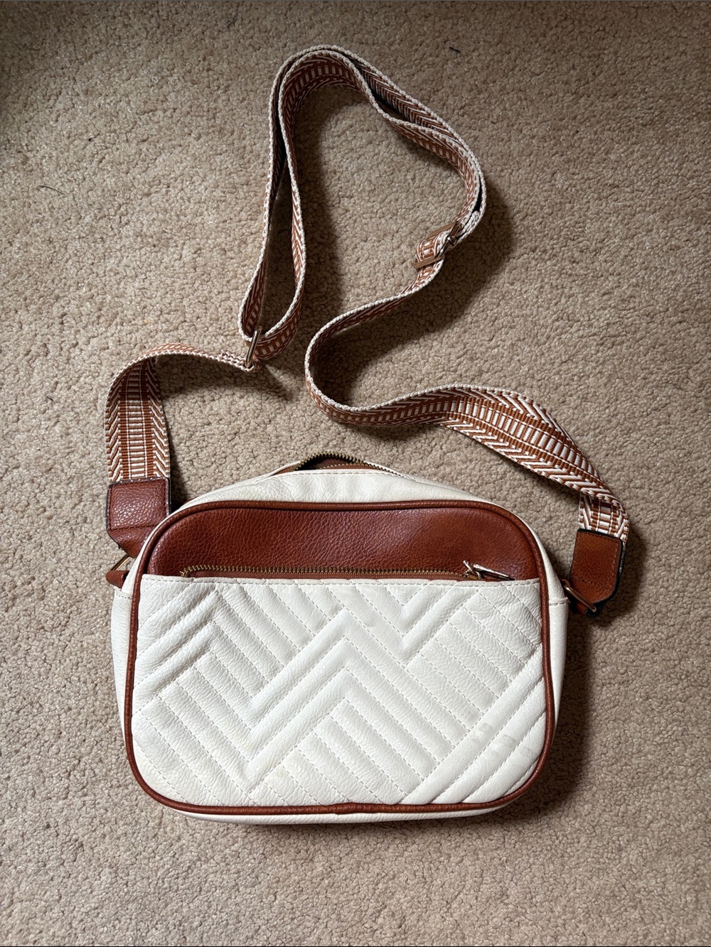 Leather Quilted Cream Crossbody Bag with Brown Trim